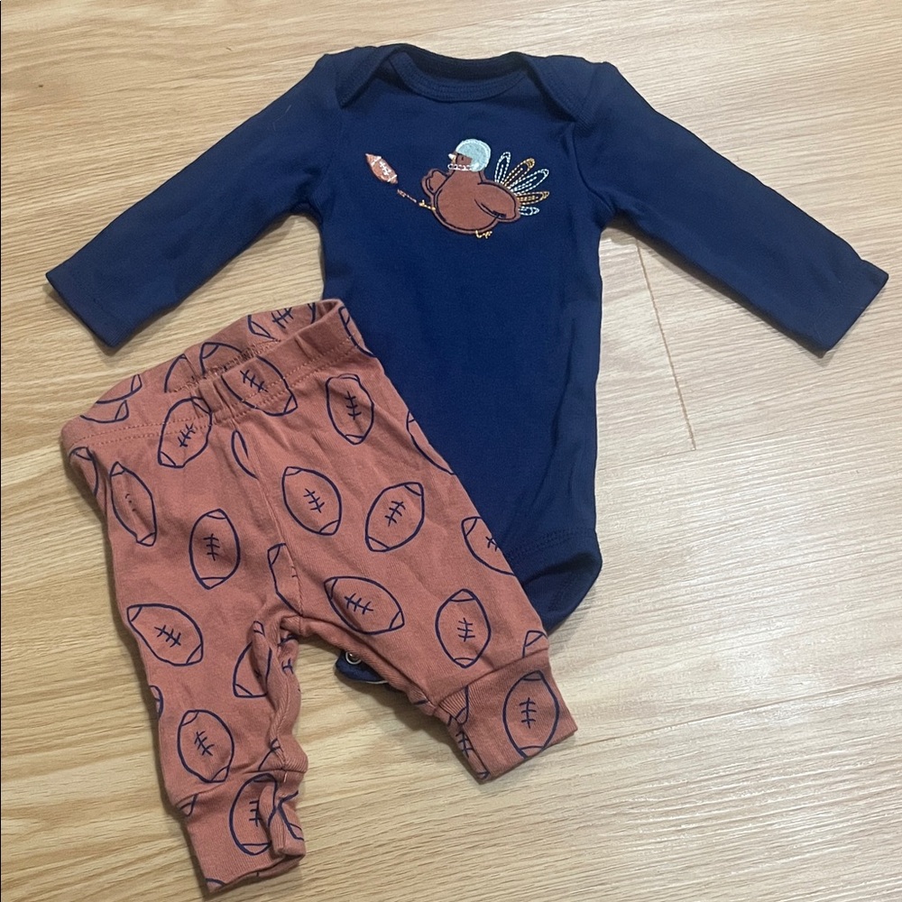 Carter's Navy and‎ Brown Thanksgiving Football Two Piece Bodysuit Set Newborn